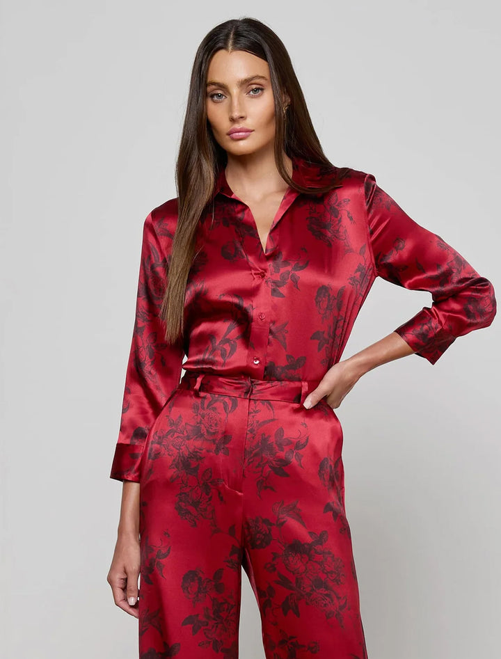 dani blouse in burgundy painterfly print