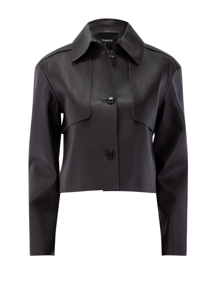 sleek leather crop trench in cacao