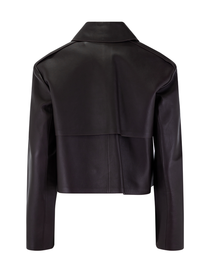 sleek leather crop trench in cacao