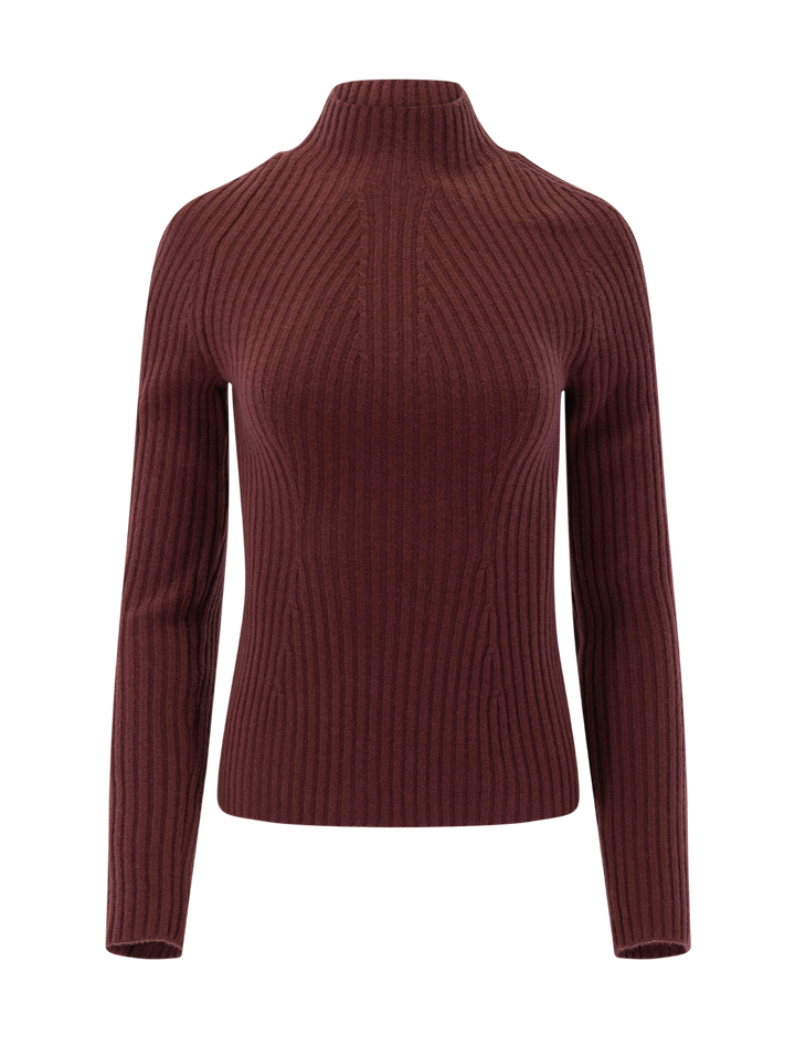 traveling rib cashmere turtleneck sweater in oxblood red
