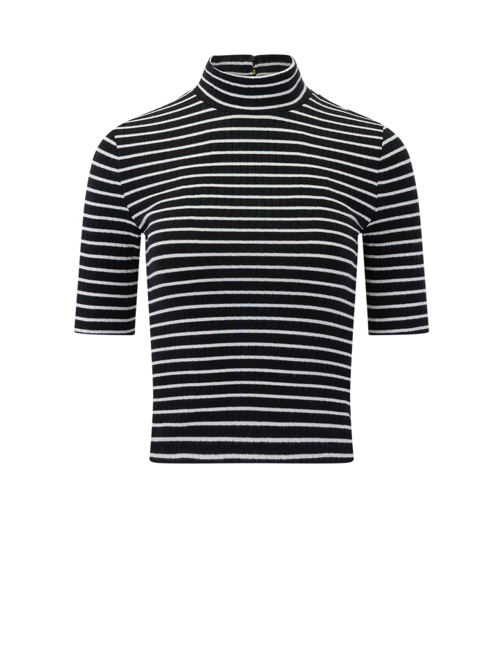 knit rib turtleneck tee in black and white stripe