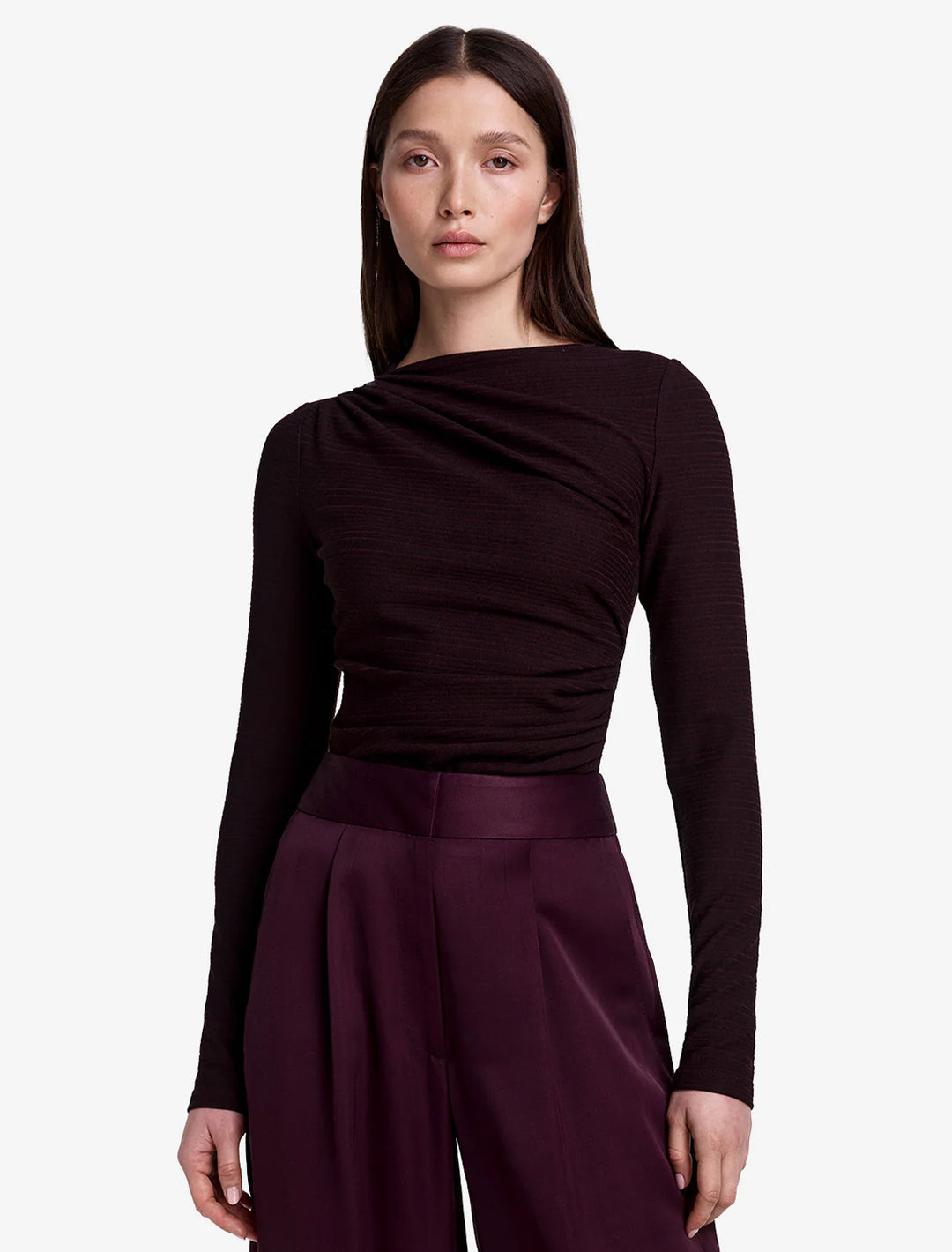 ruched knit top in prune