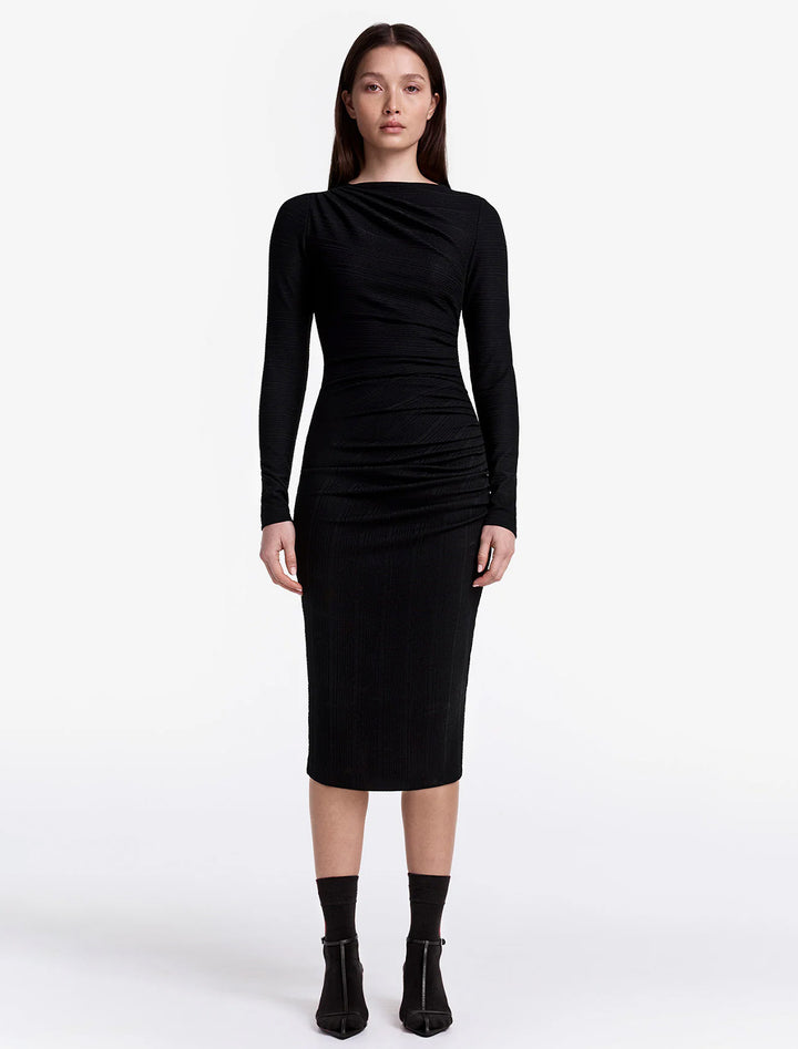 rouched knit midi dress in black