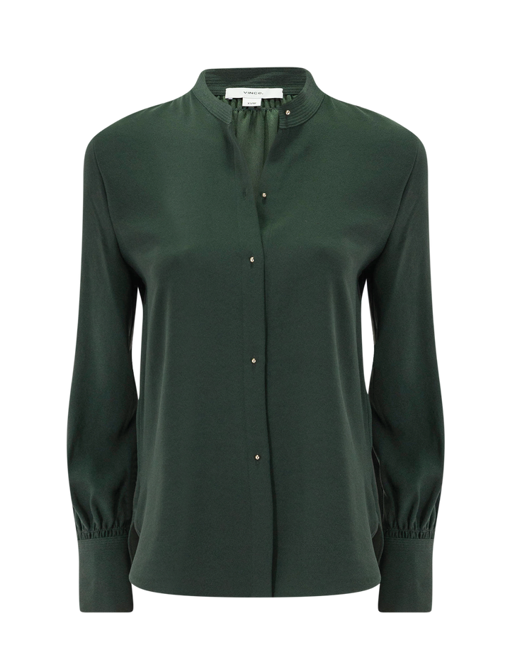 metal button crepe shirt in forest