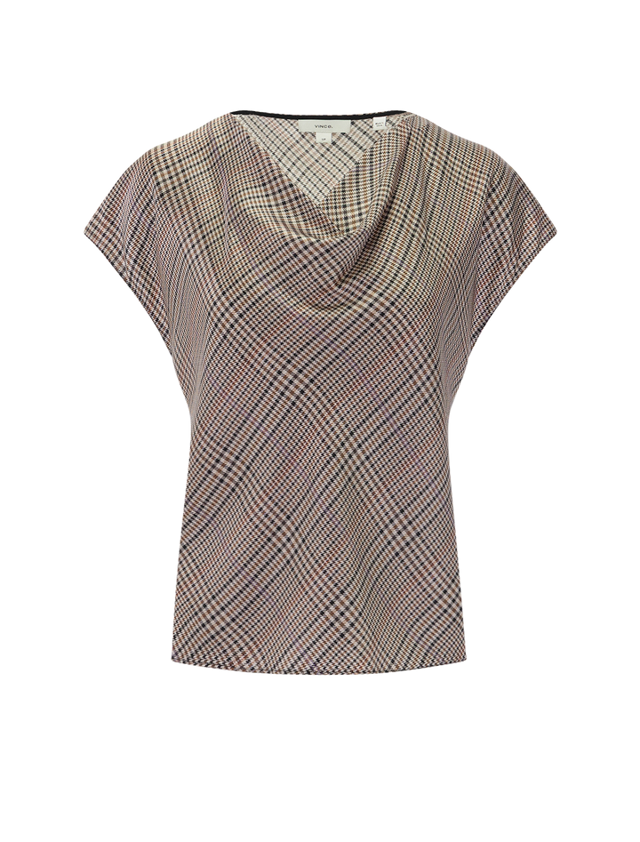 pressed plaid cowl neck cap sleeve blouse