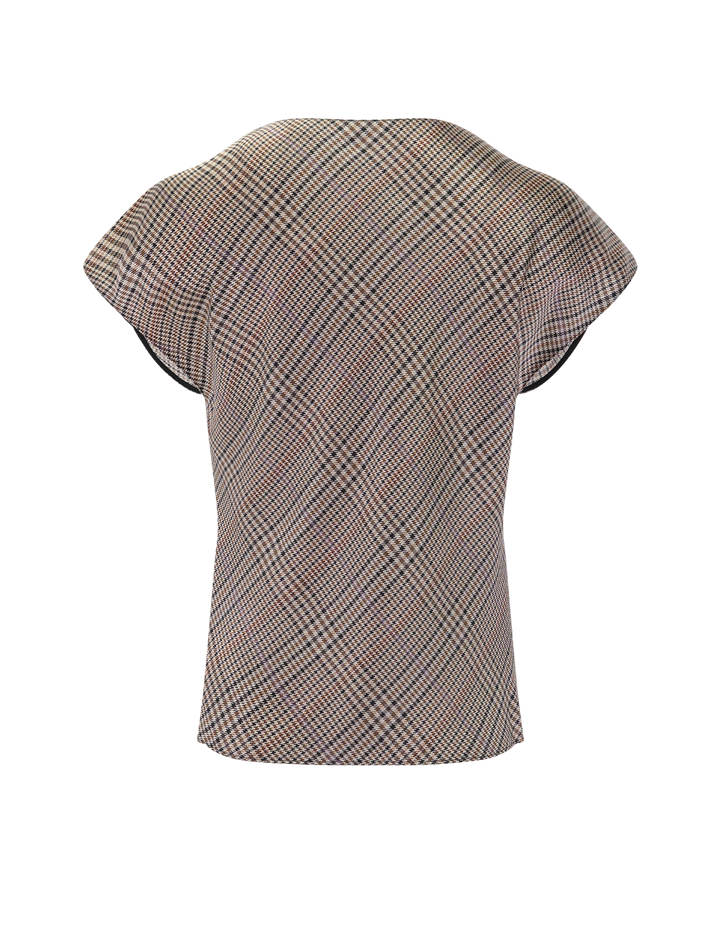 pressed plaid cowl neck cap sleeve blouse