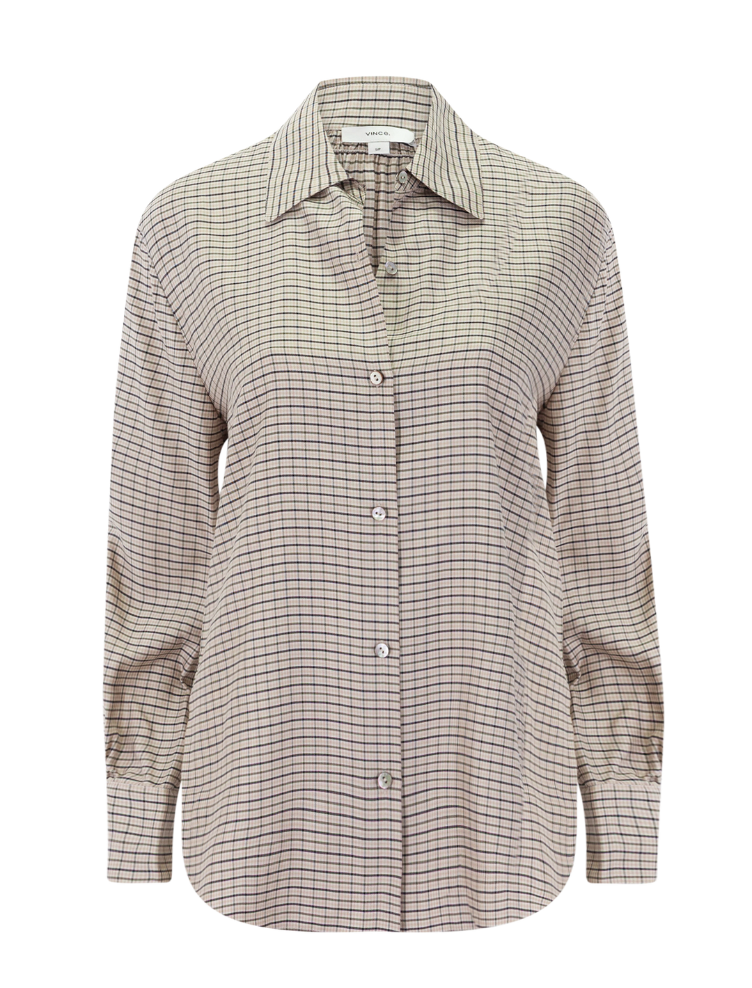 micro check placed smocked long sleeve shirt in taupe multi