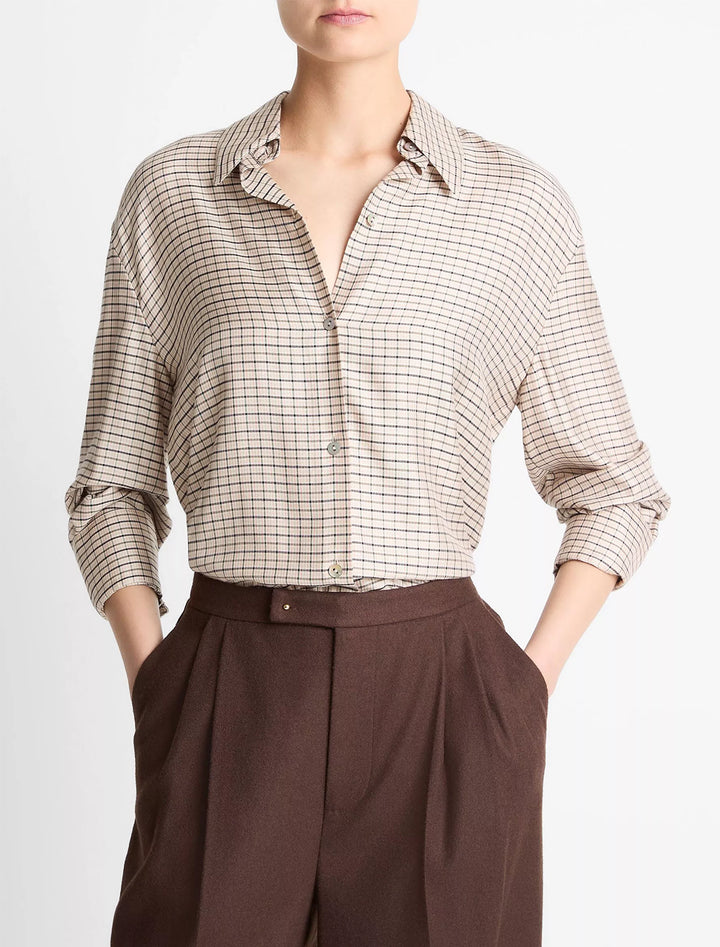 micro check placed smocked long sleeve shirt in taupe multi