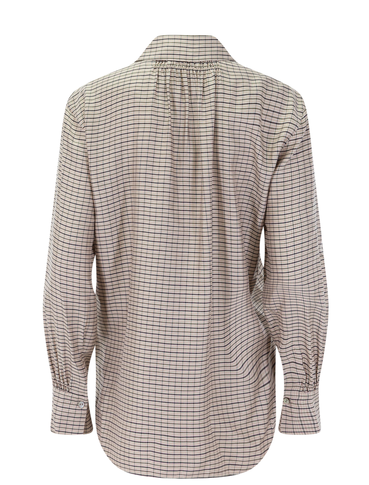 micro check placed smocked long sleeve shirt in taupe multi