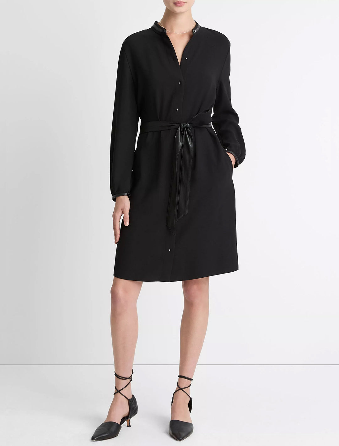 long sleeve shirt dress with vegan leather trim