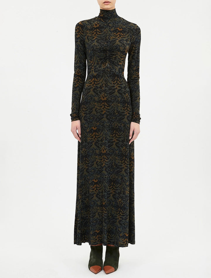 koa jersey ruched front turtleneck dress in desert jasper