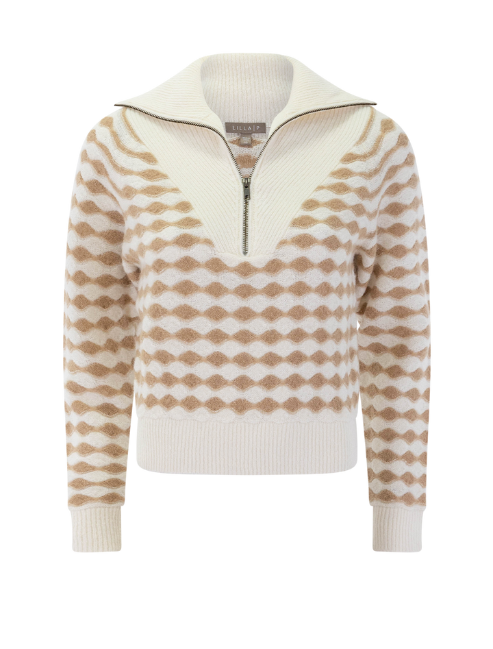 mixed stitch half zip in ivory and birch stripe