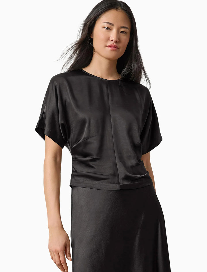 satin dolman short sleeve top in black