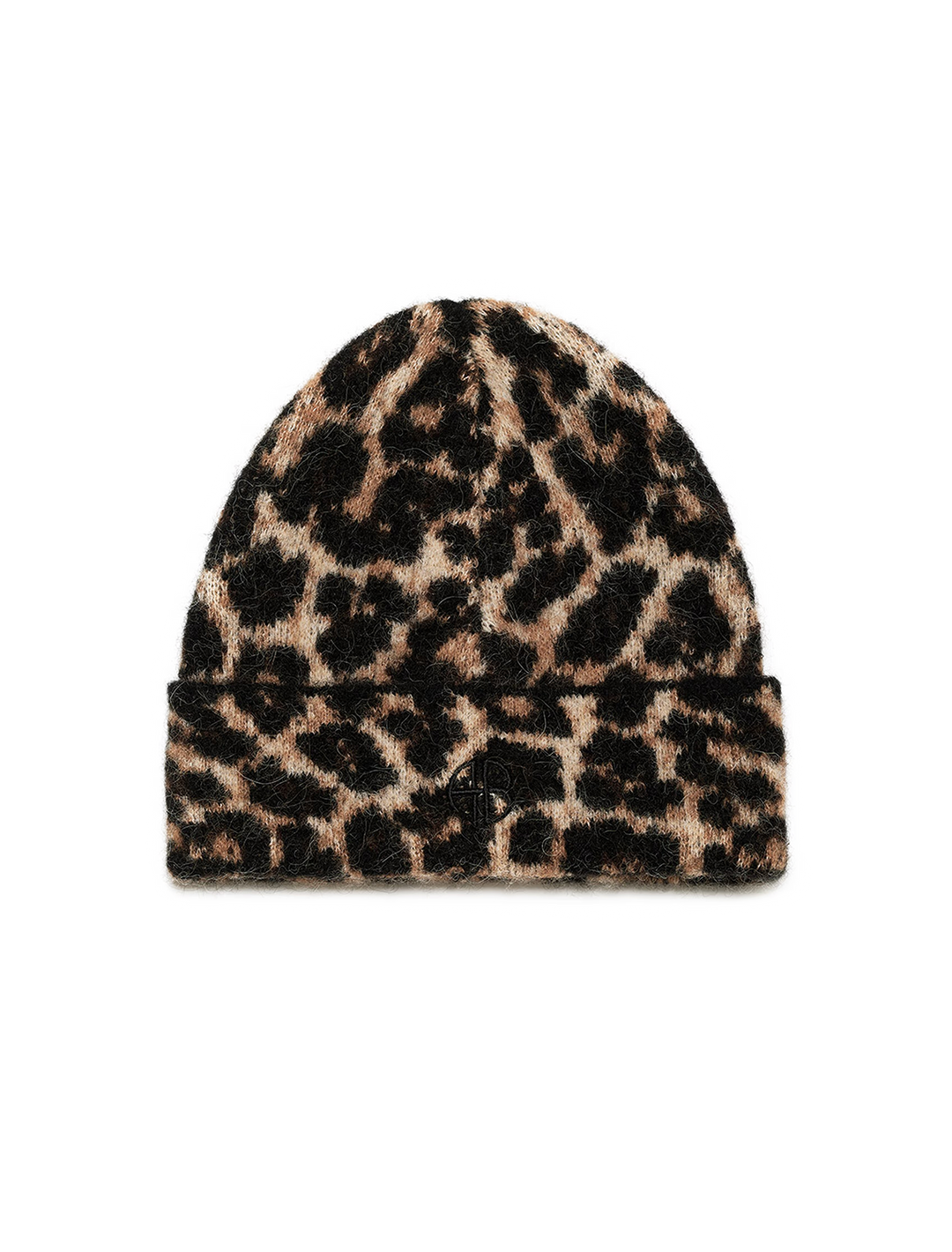 elia beanie in black and brown leopard