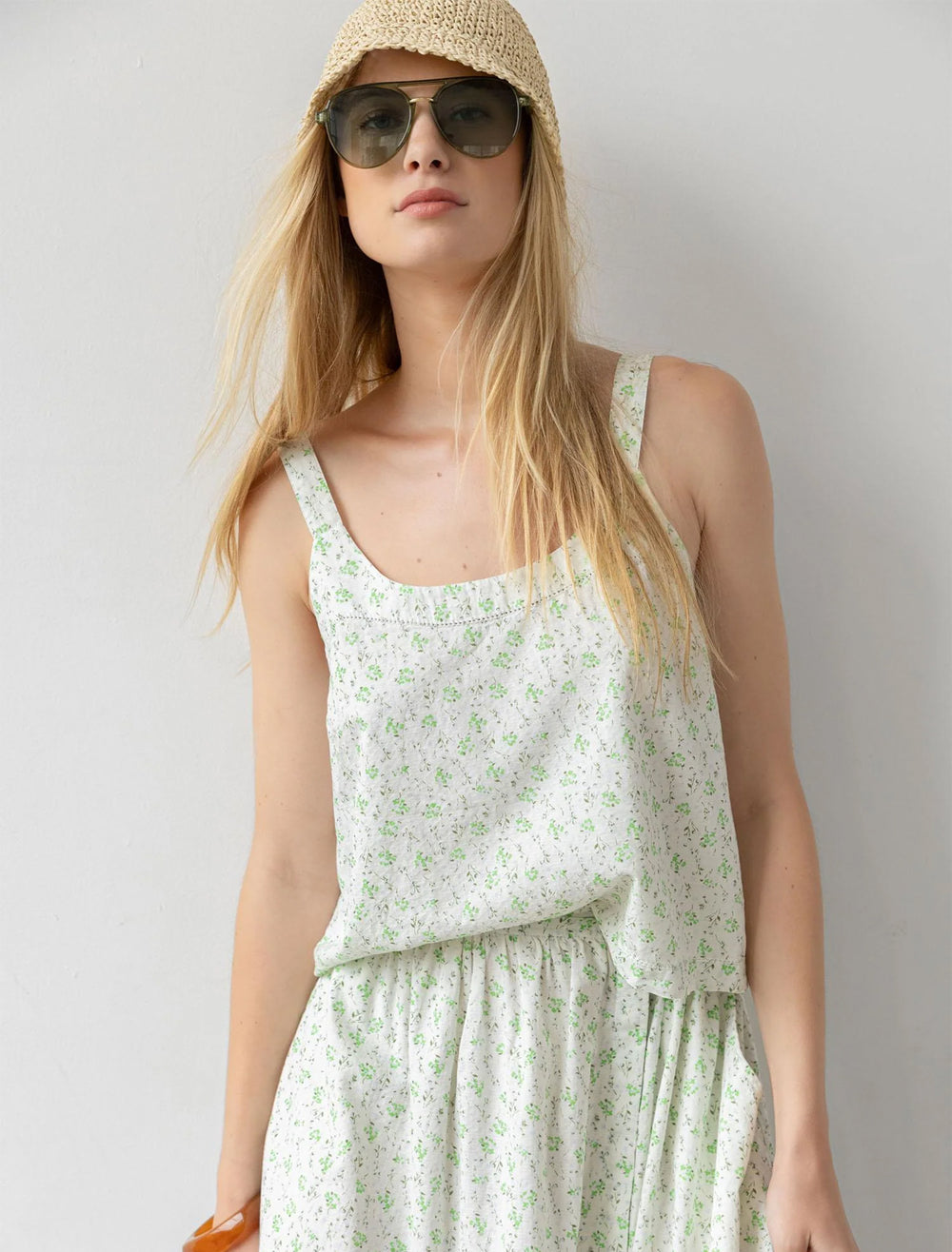 model wearing button back tank in julep