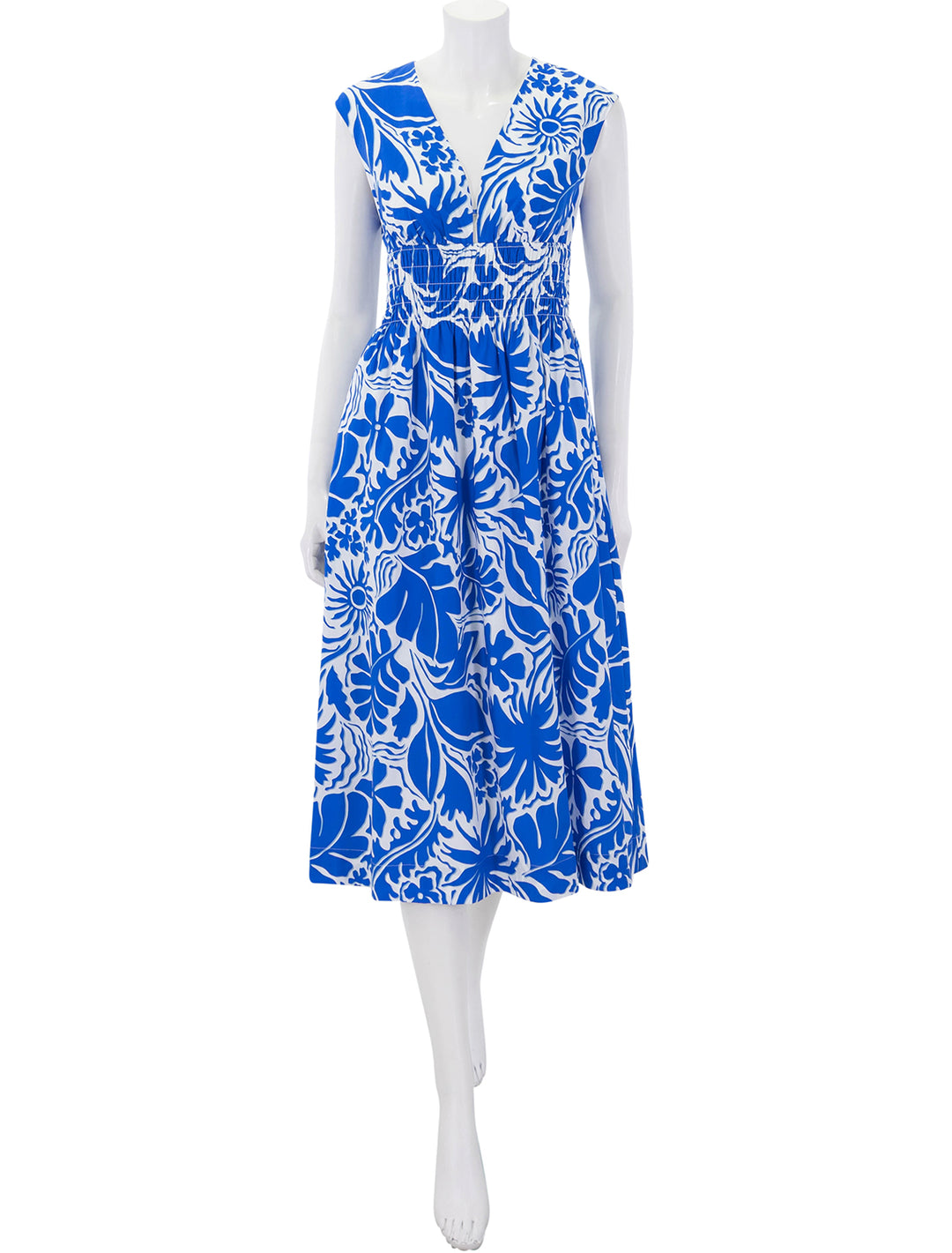 front view of roxanne dress in blue riviera