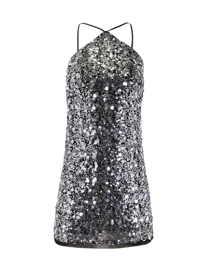 lorenna sequin halter dress in silver