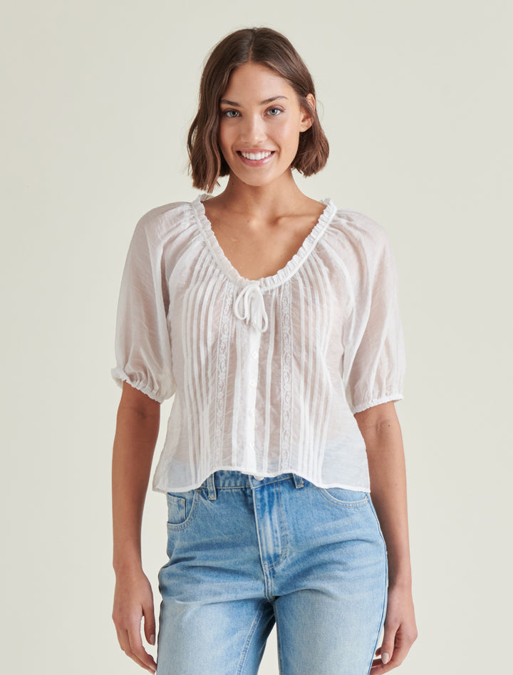 model wearing lana top in antique white