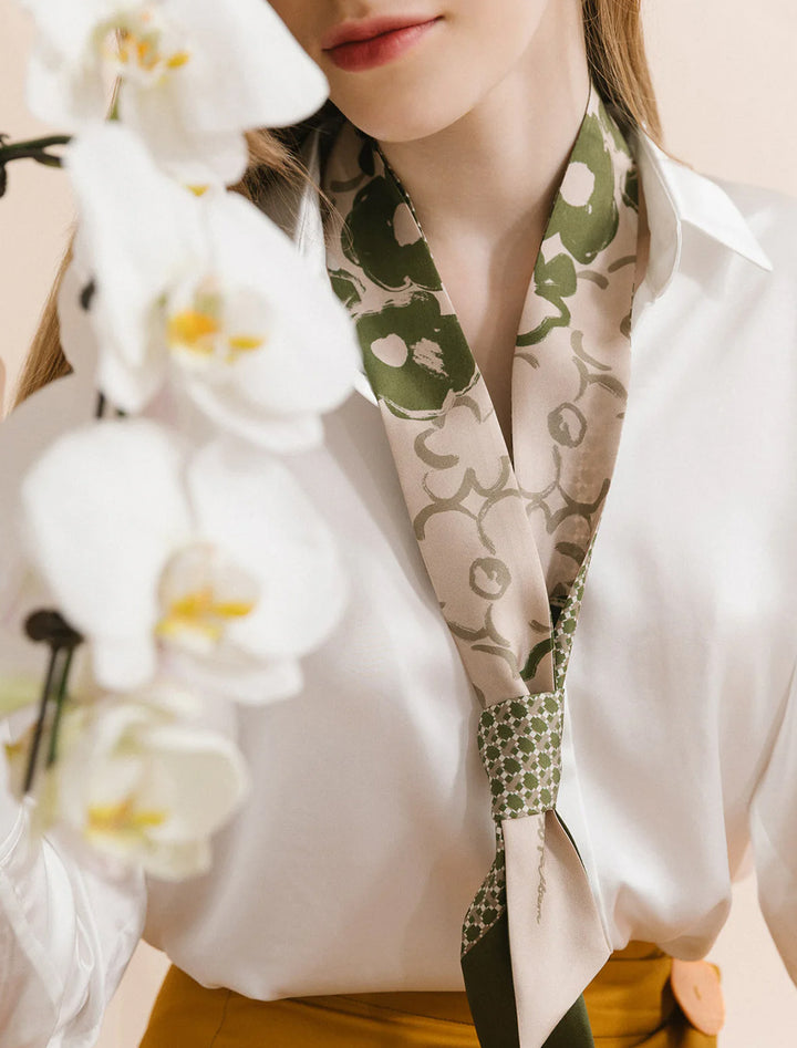 floral houndstooth silk skinny scarf in green