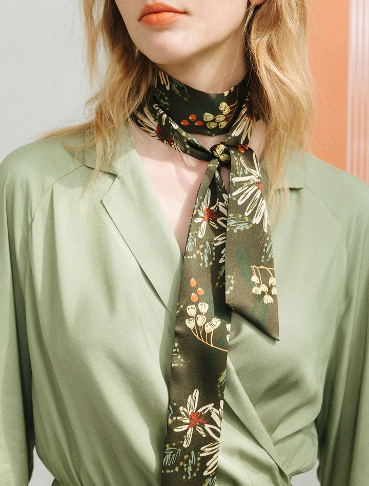forest charm silk skinny scarf in moss