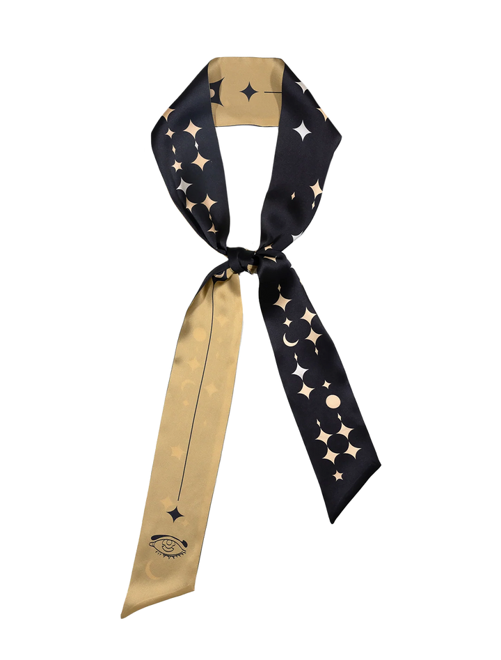 moonlit stars silk neck bow scarf in black