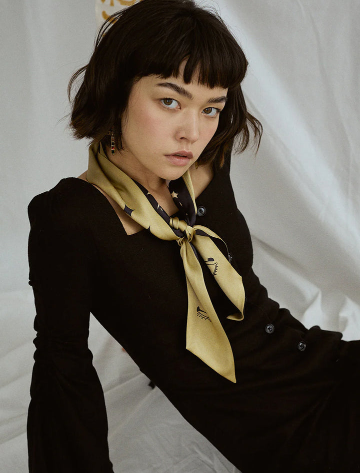 moonlit stars silk neck bow scarf in black