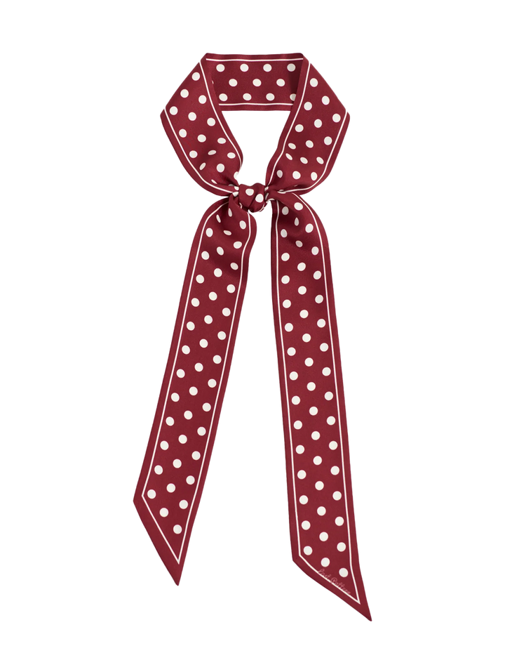 retro polka silk skinny scarf in burgundy