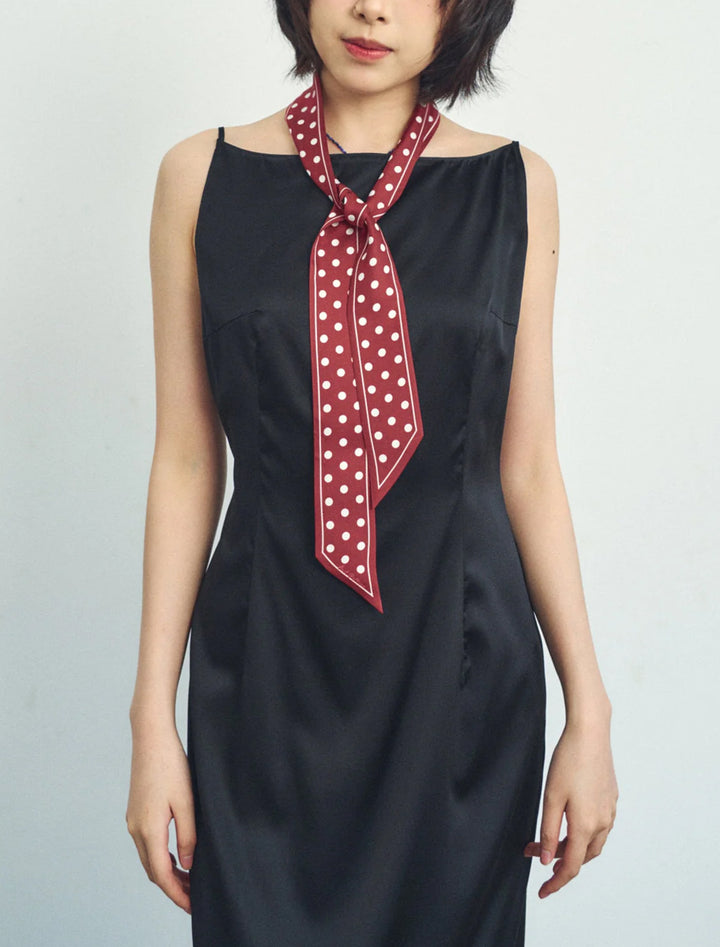 retro polka silk skinny scarf in burgundy