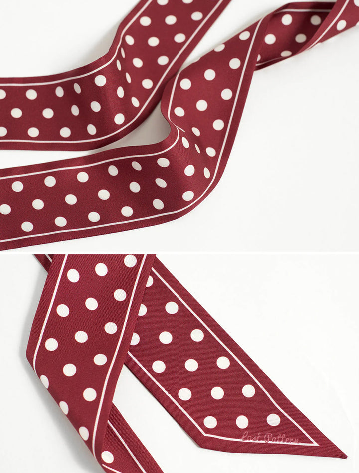 retro polka silk skinny scarf in burgundy