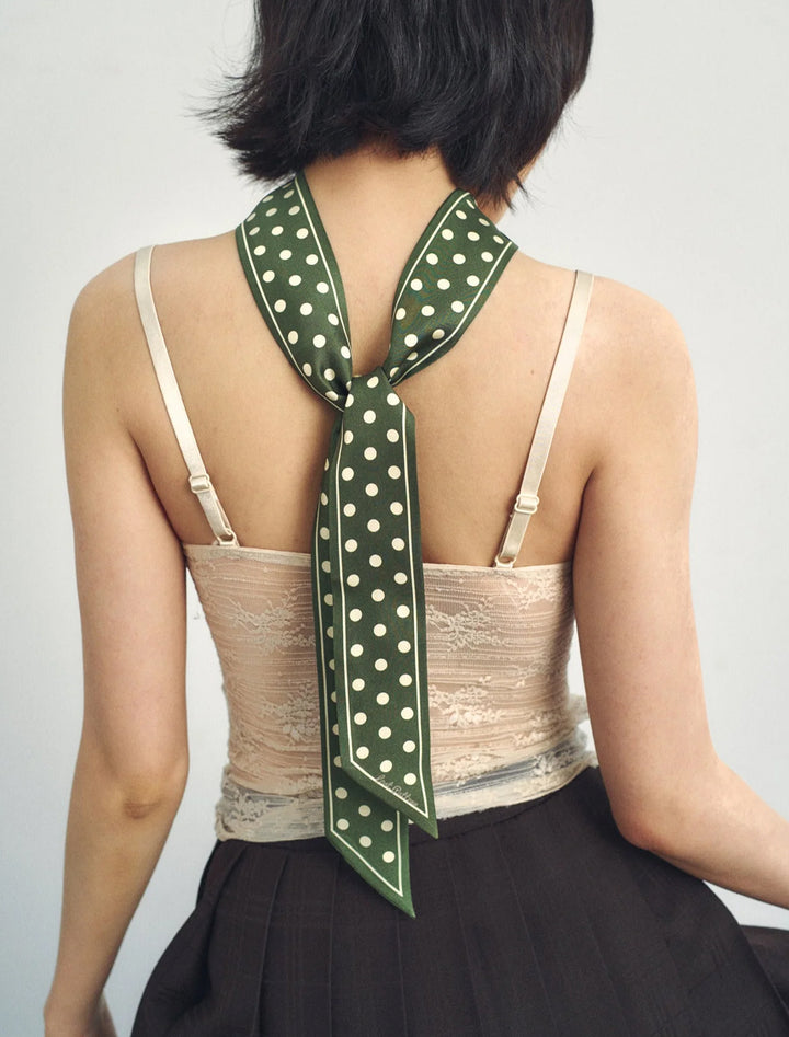 retro polka dot silk skinny scarf in dark green