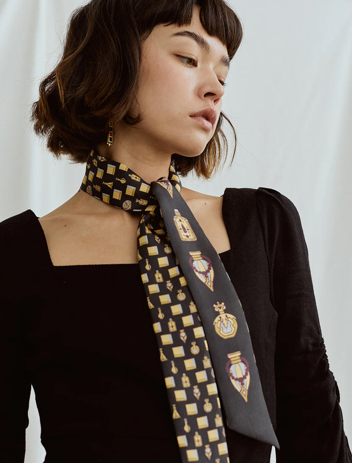 amora silk skinny scarf in golden & black