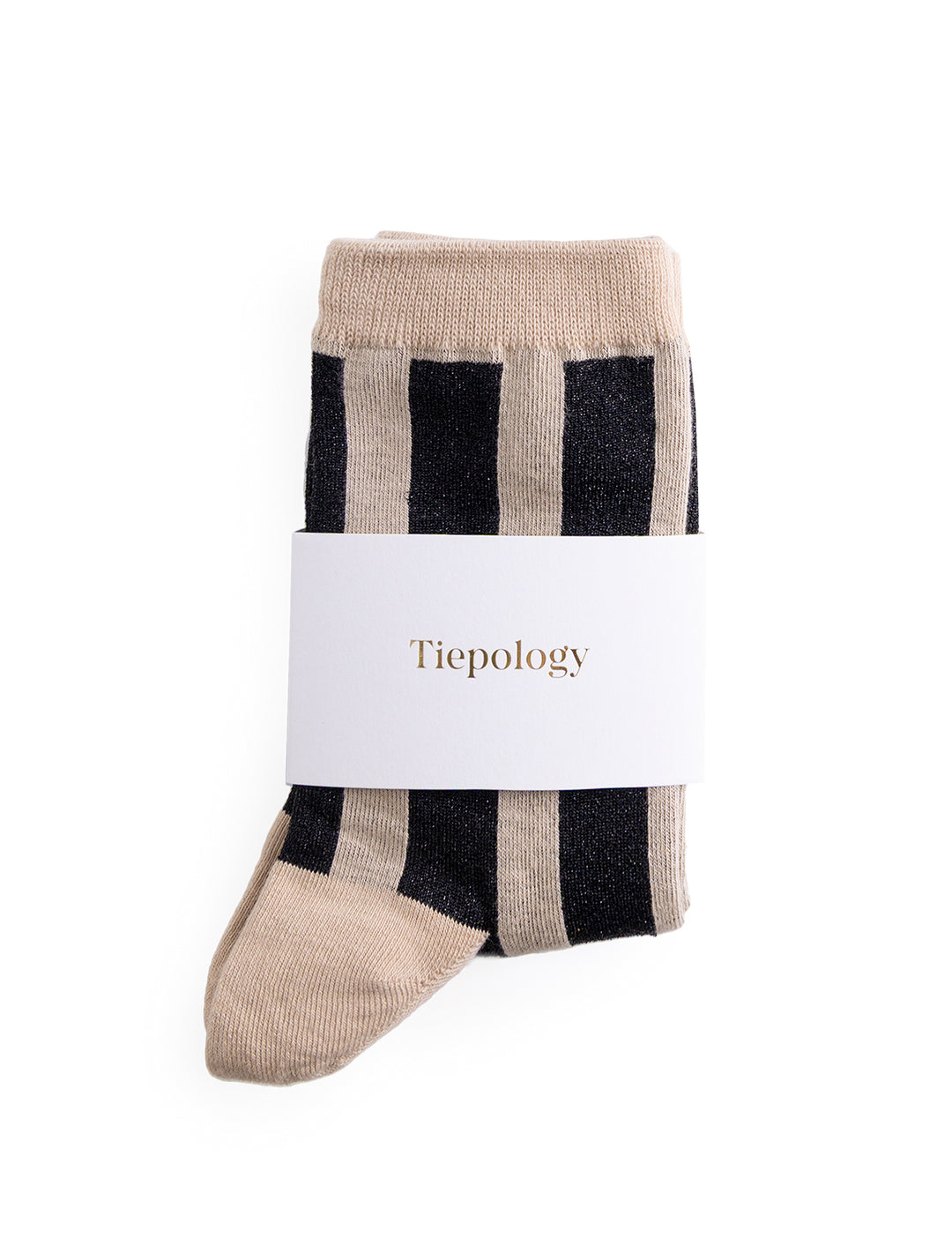 vertical striped sparkle socks in taupe and black