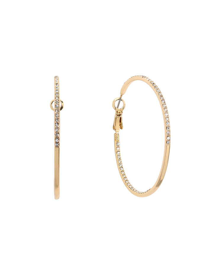 Front view of AV Max's large rhinestone hoops in gold.