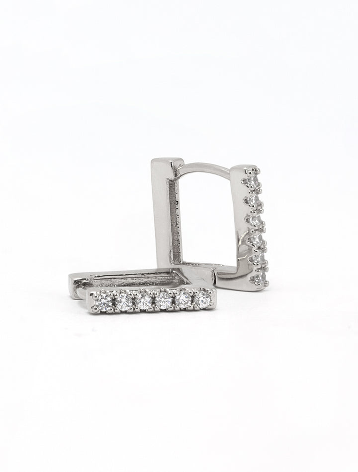Close-up view of AV Max rhinestone mini square hoops