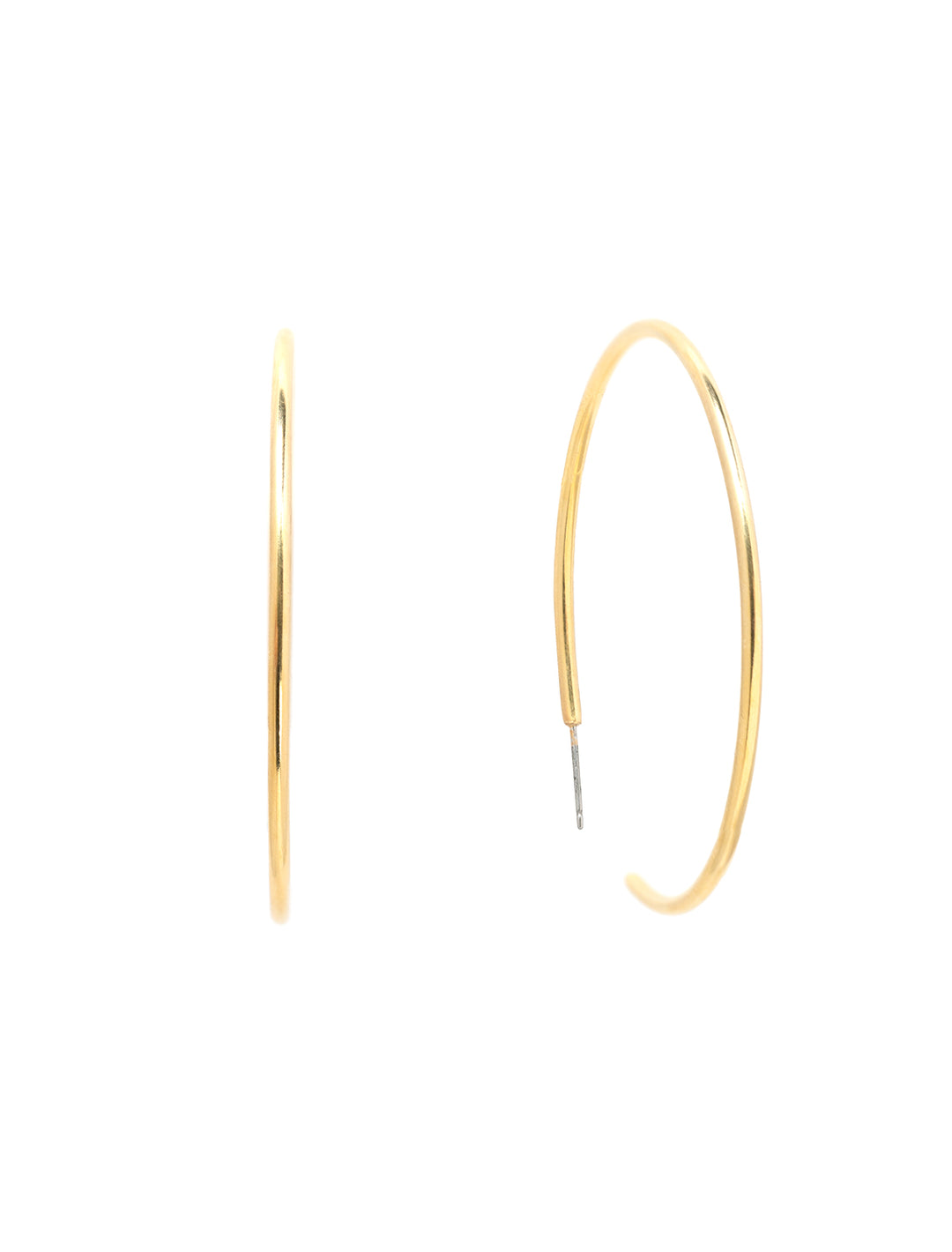 Front view of AV Max matte gold thin hoops.
