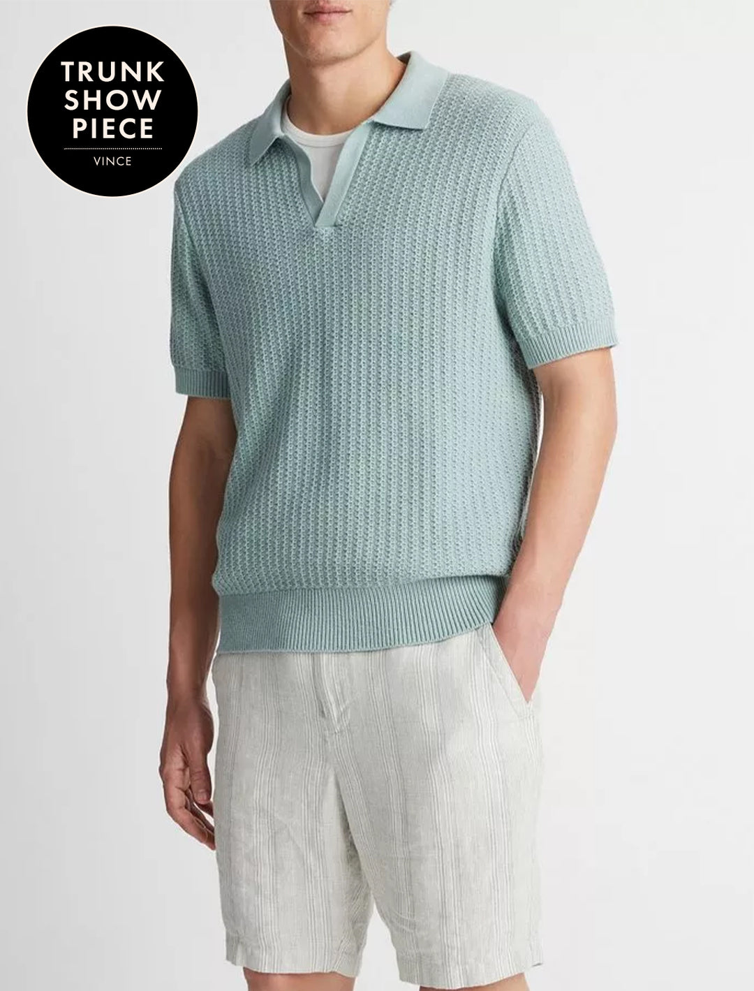 mens crafted rib s/s johnny collar sweater in ceramic blue