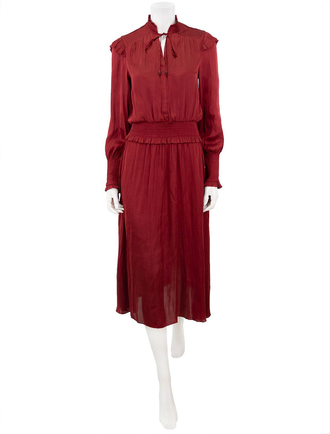 Front view of Scotch & Soda's Smock Stitch Midi Dress in Deep Raspberry.
