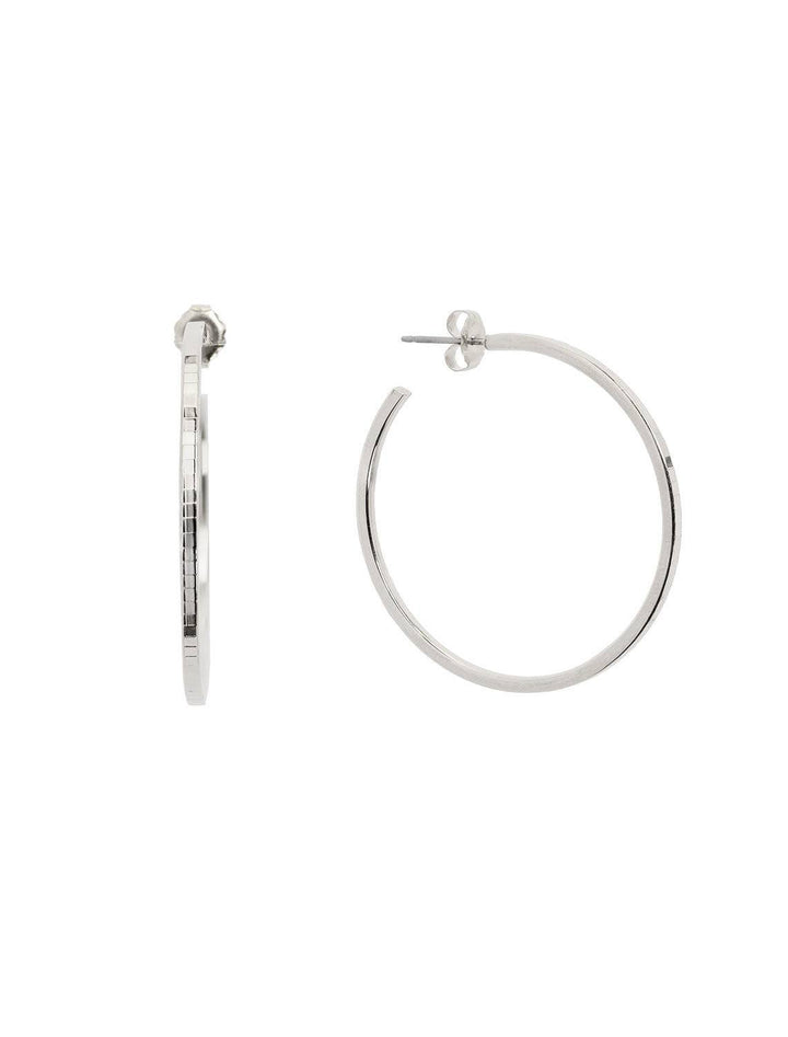 front and angled view of disco ball hoops in silver