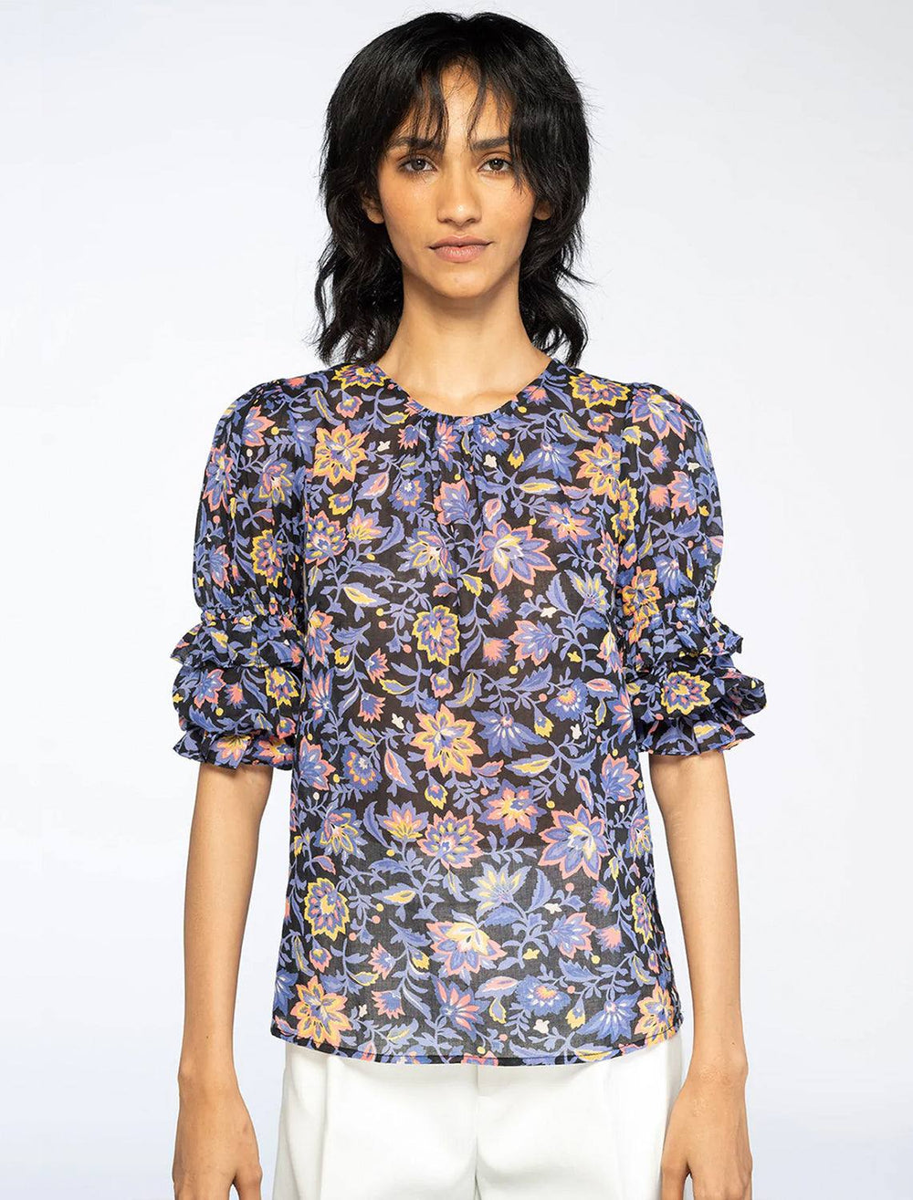 Model wearing Banjanan's chloe top in black floral.