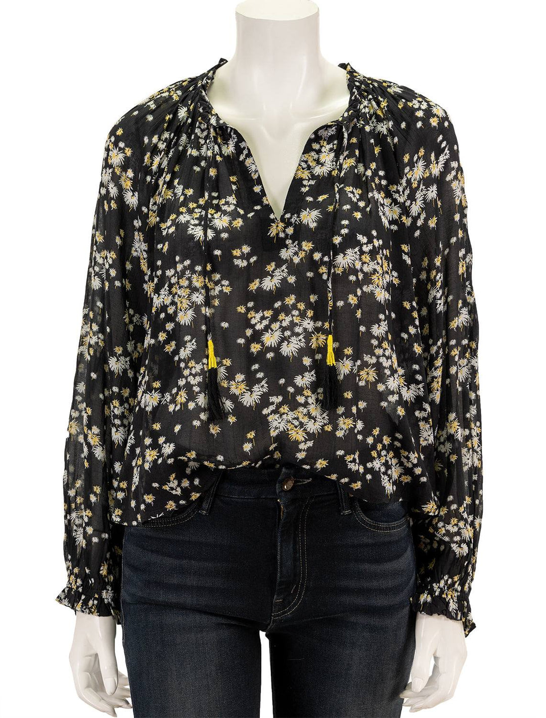 Front view of Scotch & Soda's dandelion print contrast ruffle blouse in black.