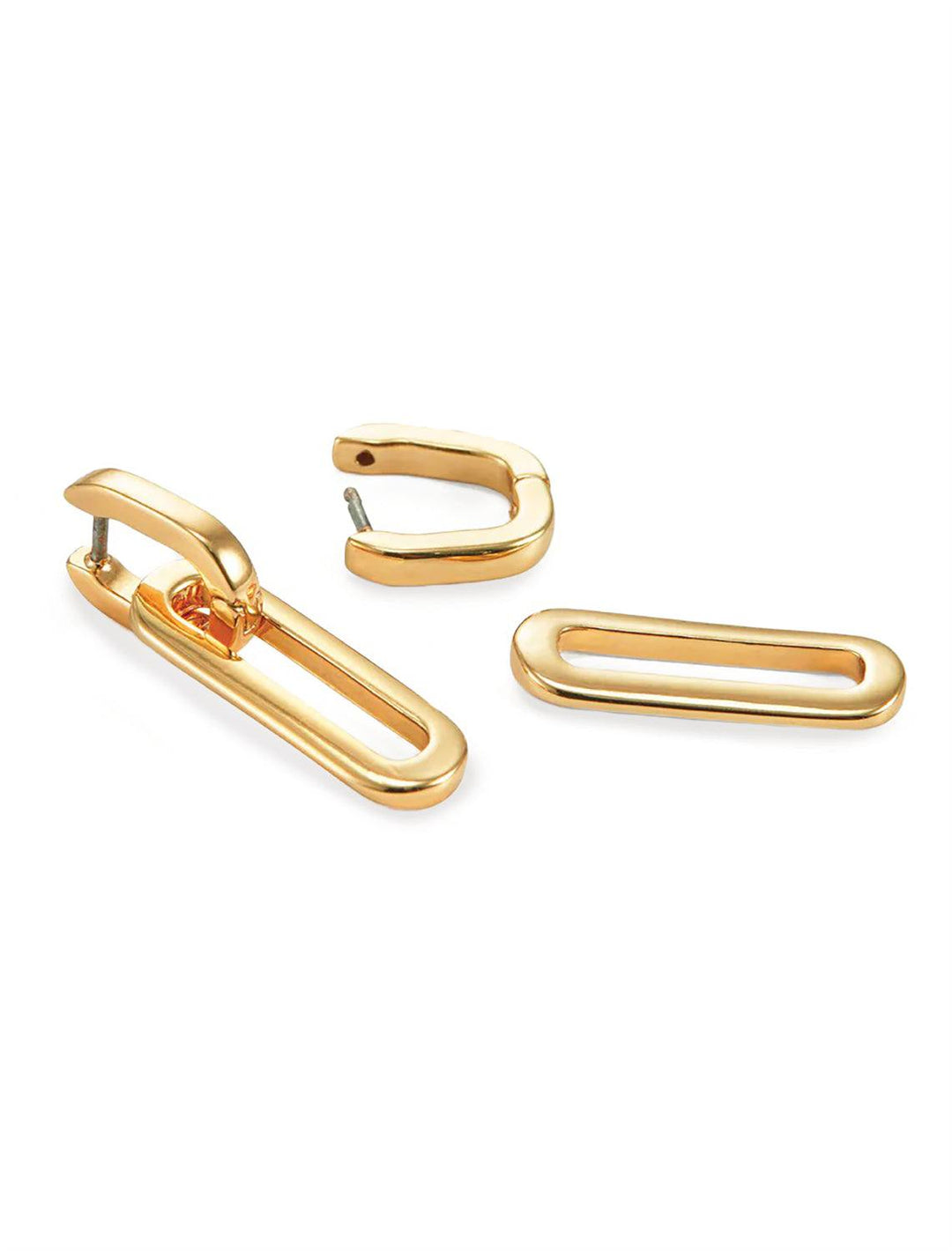 Side angle view of Jenny Bird's Teeni Detachable Link Earrings in Gold Tone Dipped Brass in the "detached" state.