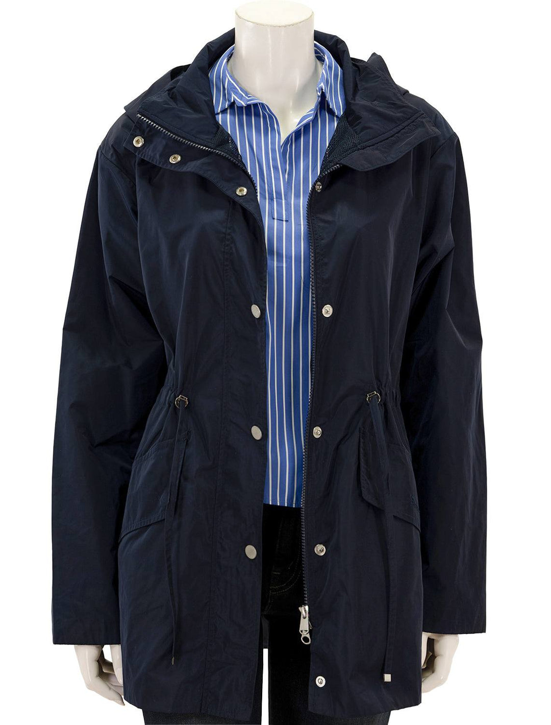 Front view of Barbour's wishaw showerproof jacket in deep indigo, unzipped.