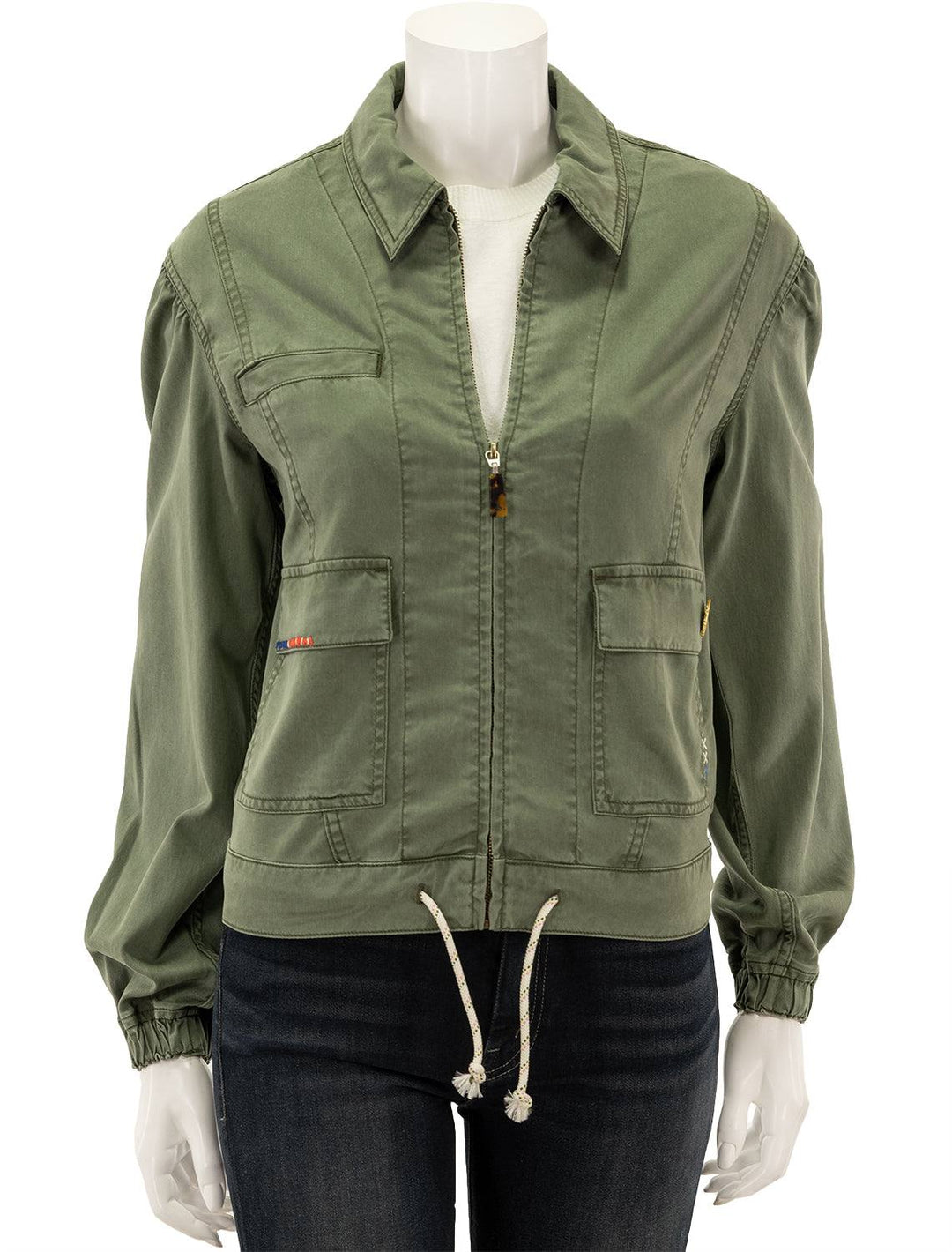 Front view of Scotch & Soda's utility jacket in olive green.