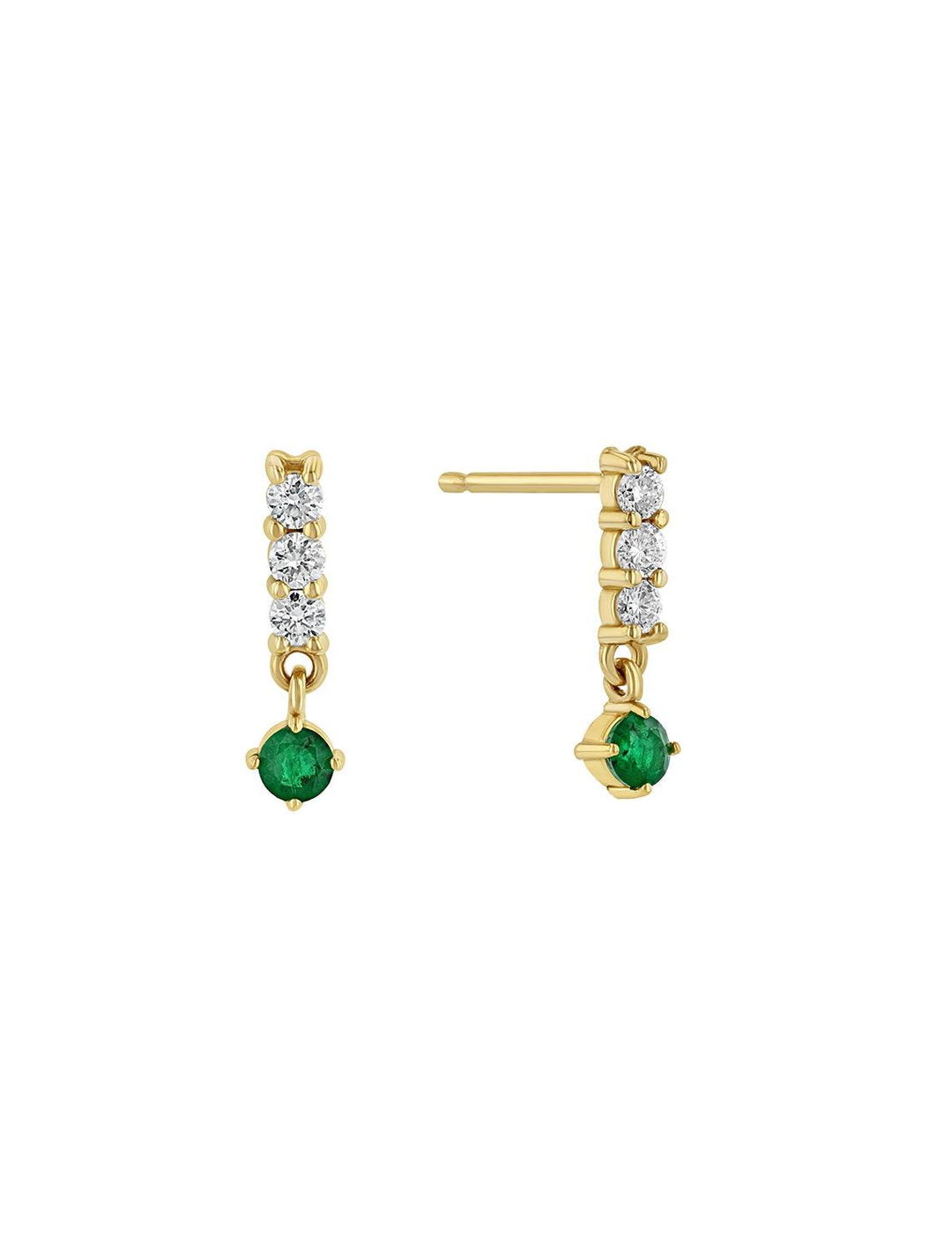 Front view of Zoe Chicco's 14k diamond bar earrings with emerald drops.