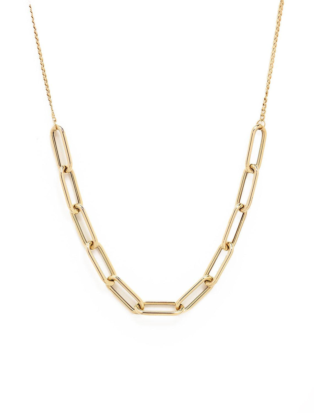 Front view of Zoe Chicco's 14k large paperclip necklace with adjustable curb chain.