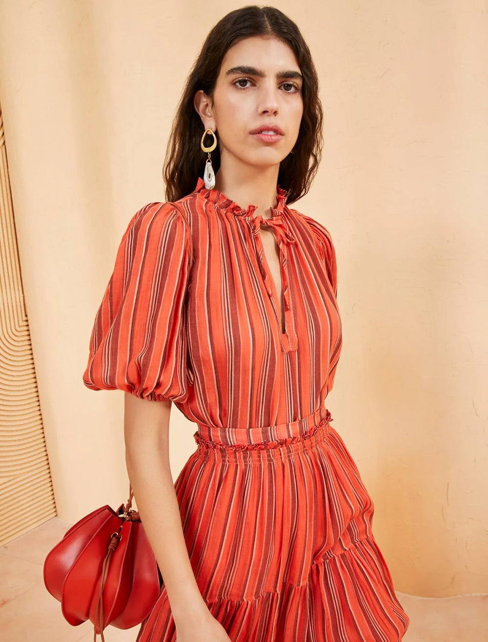 Model wearing Ulla Johnson's oona top in porto.
