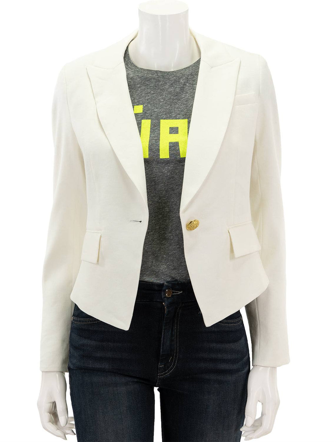 Front view of Veronica Beard's hosanna dickey jacket in white, unbuttoned.