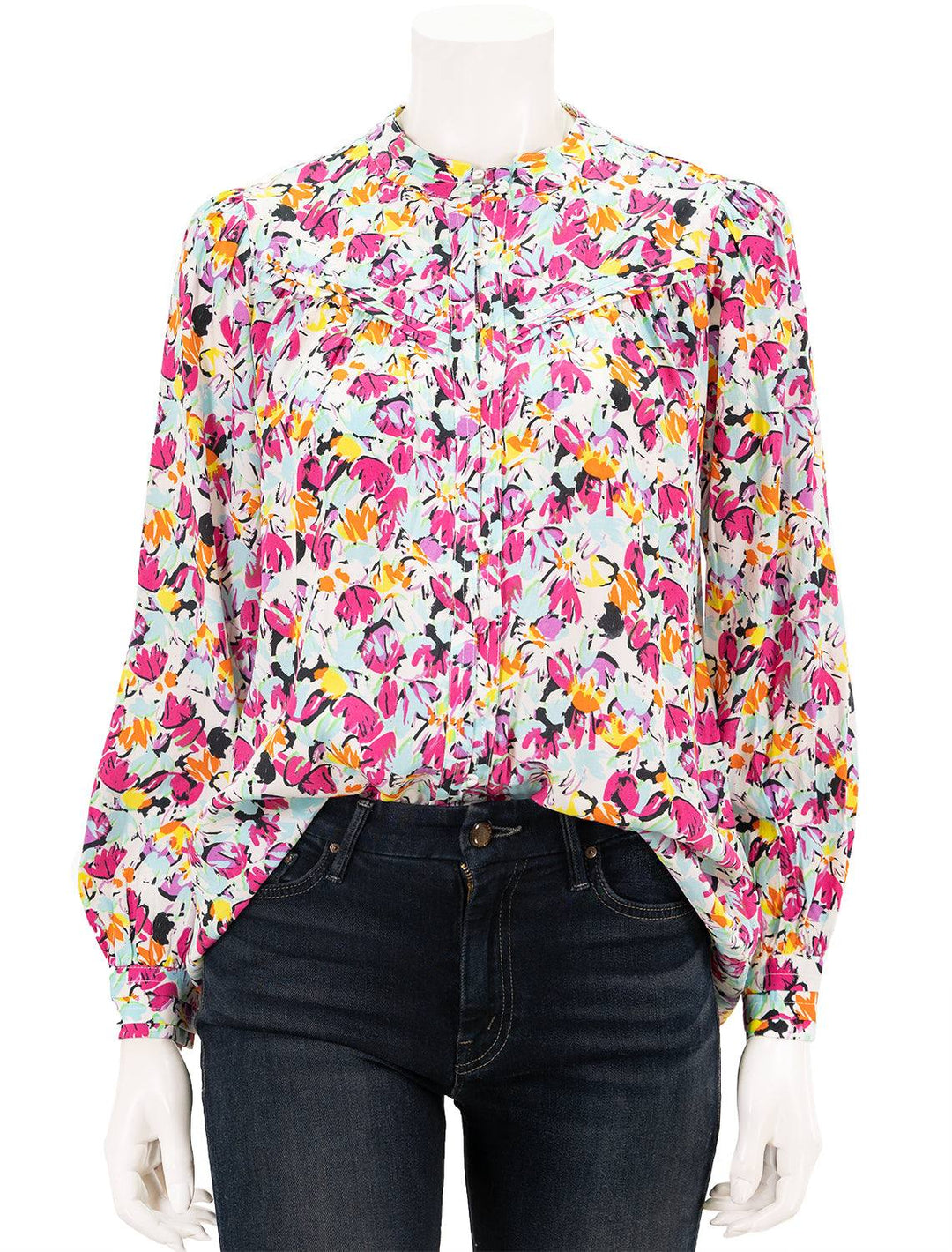 Front view of Suncoo's louna top in fuschia floral print.