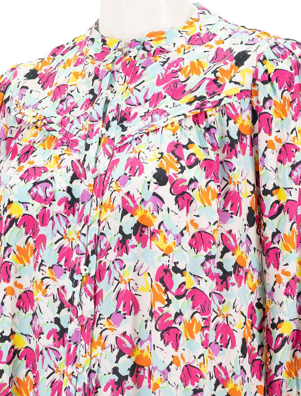 Close-up view of Suncoo's louna top in fuschia floral print.