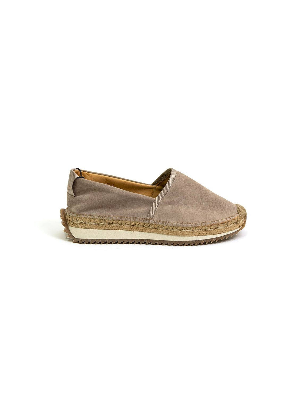 Side view of Rag & Bone's espadrille runner in warm grey suede.